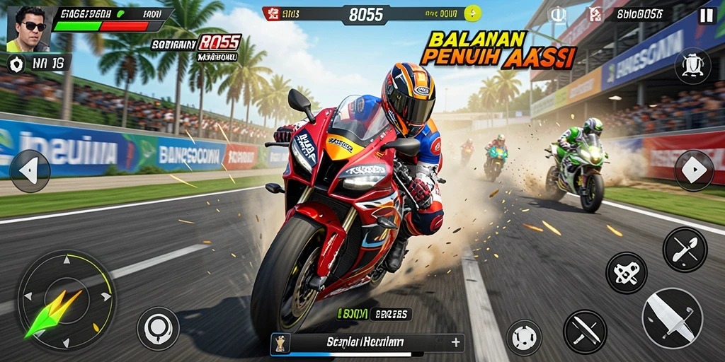 Screenshot gameplay 8055 menampilkan aksi balapan motor yang mendebarkan.