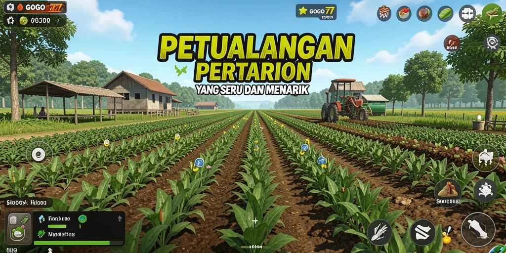 Tampilan gameplay GOGO77 yang menggambarkan kegiatan bertani yang seru dan interaktif.