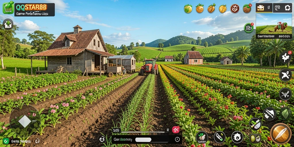 Screenshot gameplay <strong>QQSTAR88</strong> menampilkan lahan pertanian yang hijau dan beragam tanaman.