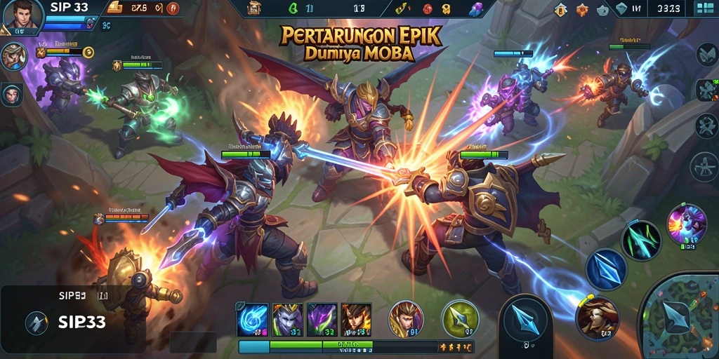 Tangkapan layar gameplay SIP33 menampilkan pertempuran seru antar tim MOBA.